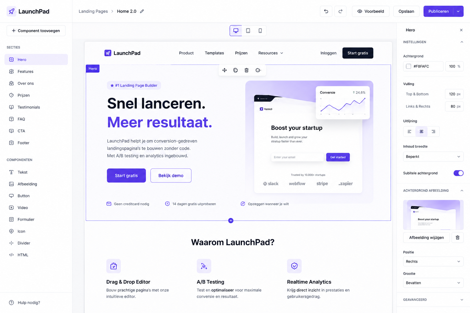 LaunchPad landing page builder met visuele editor, hero-secties en conversieblokken